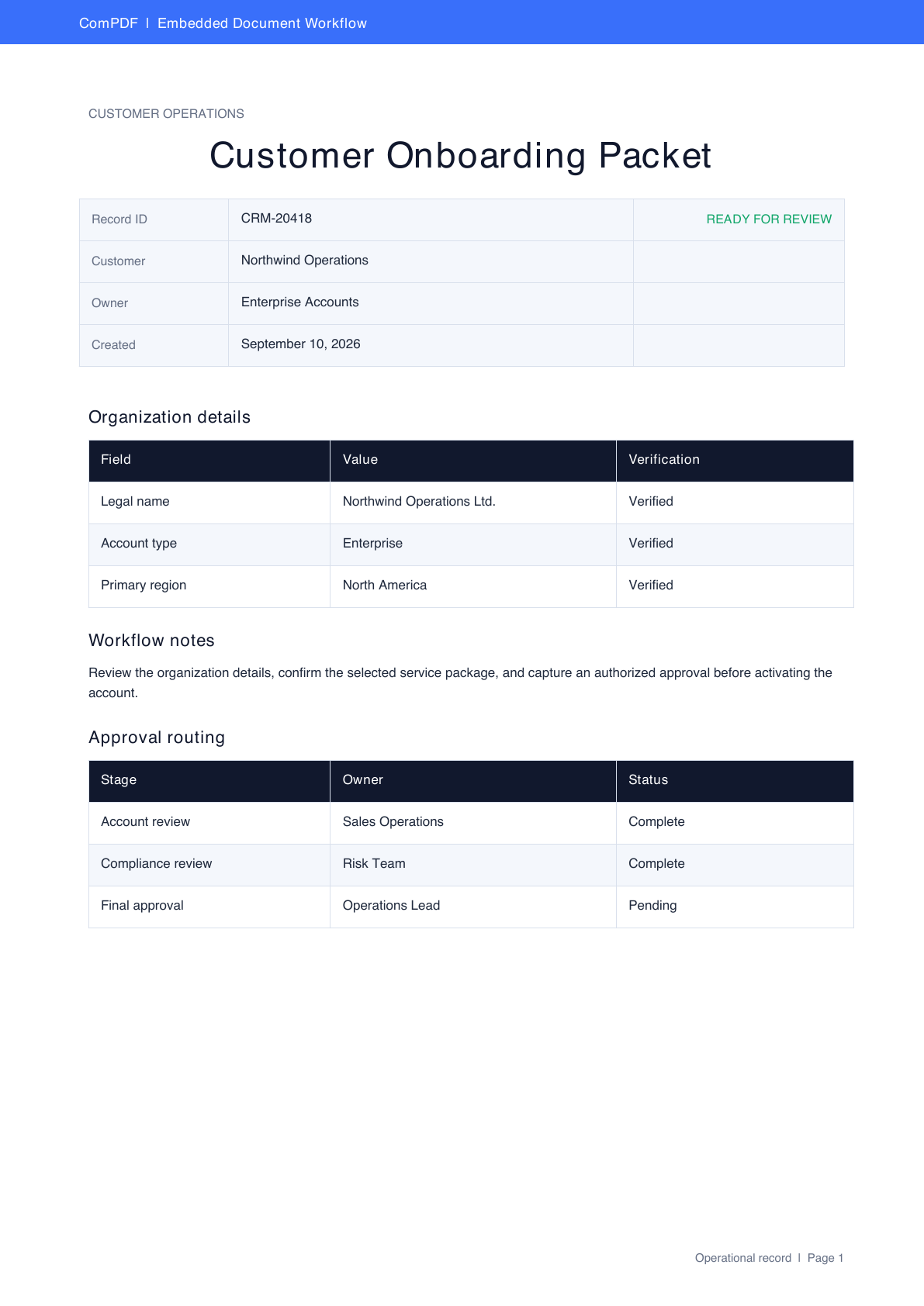 Customer onboarding packet open in an embedded ComPDF viewer
