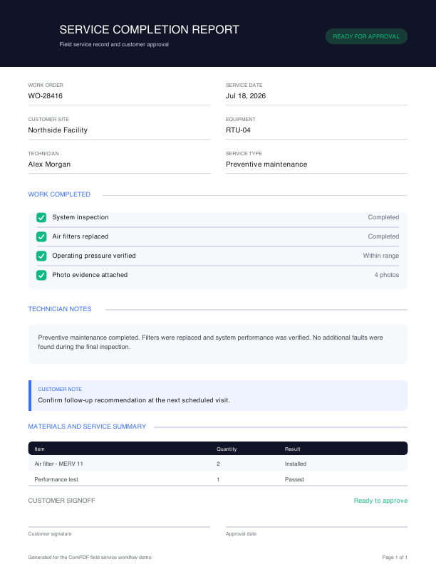 Service completion report displayed in the embedded PDF viewer