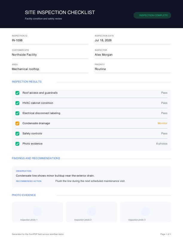 Site inspection checklist in a mobile field service application